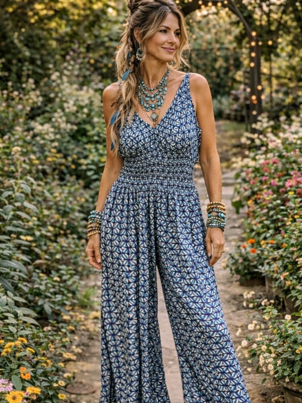 Blue Geometric Jumpsuit with Smocked Waist and pockets! - Picture 2 of 7